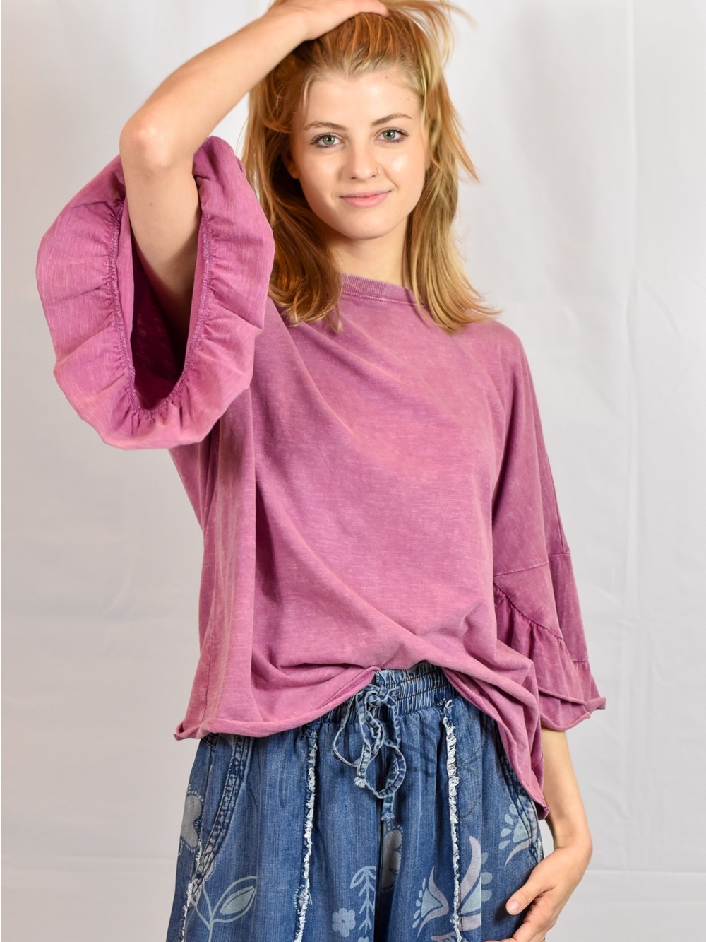 easel Shirt Mauve Ruffle Sleeve Pullover
